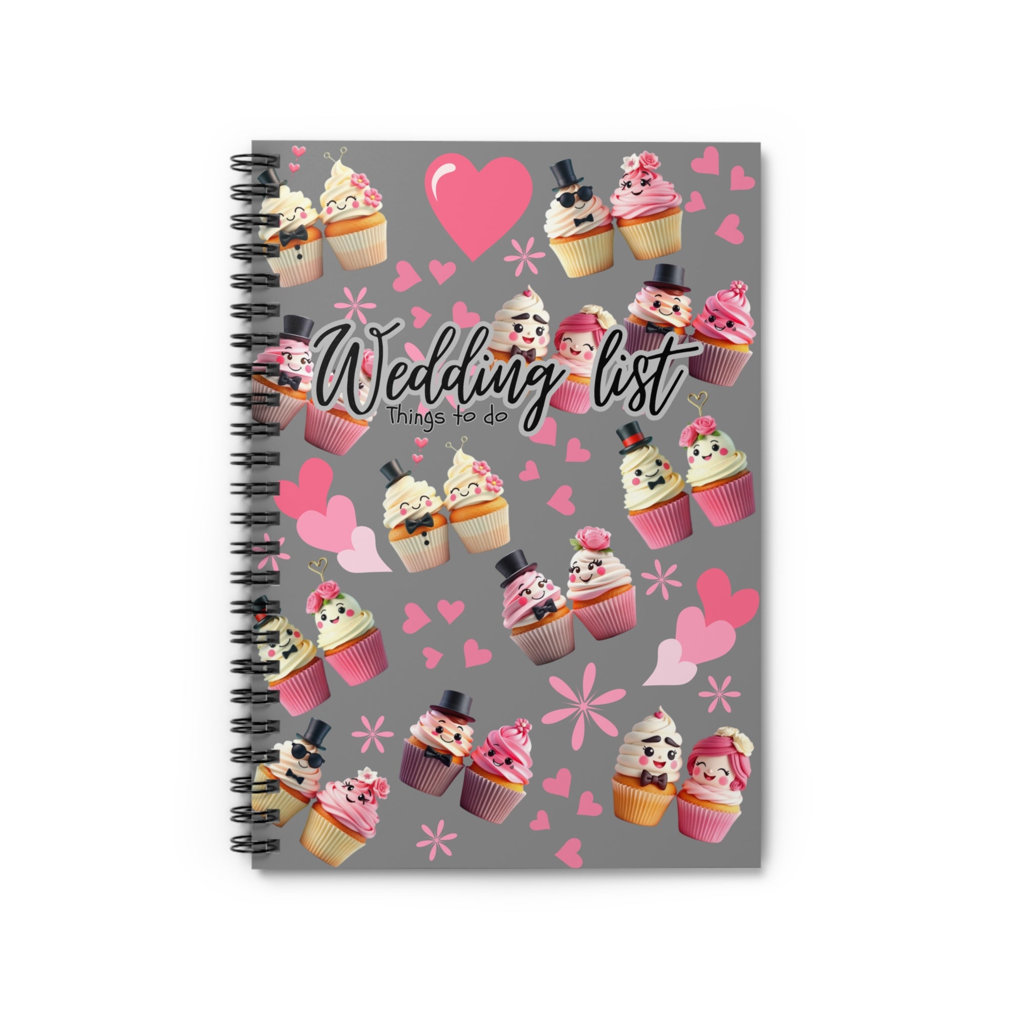 Wedding List Things to Do Spiral Notebook | Cupcake Hearts design - Grey