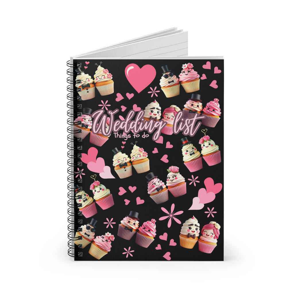 Wedding List Things to Do Spiral Notebook | Cupcake Hearts design - Black