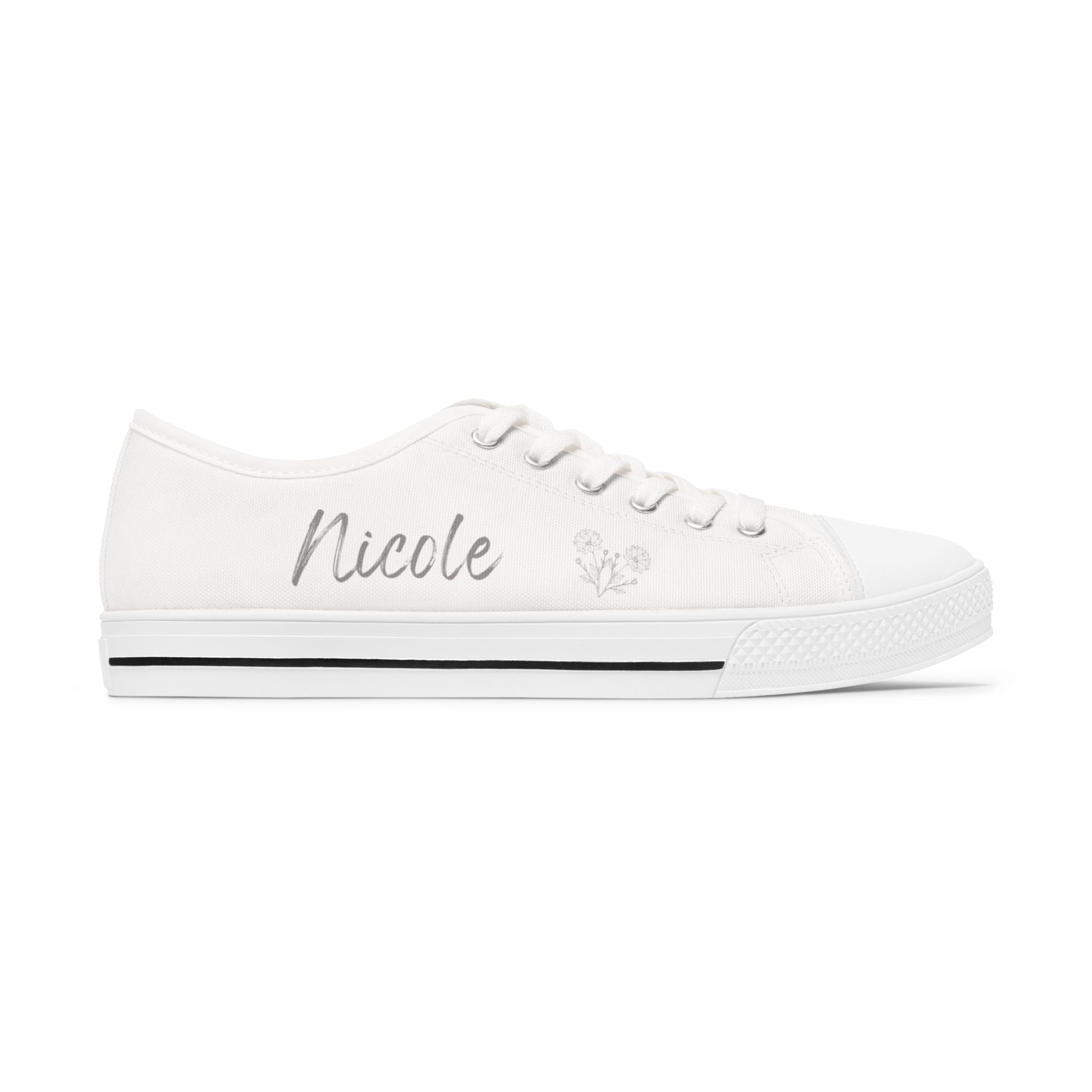 Personalized Bridesmaid Low Top Sneakers | Custom Name & Wildflower Design – Silver