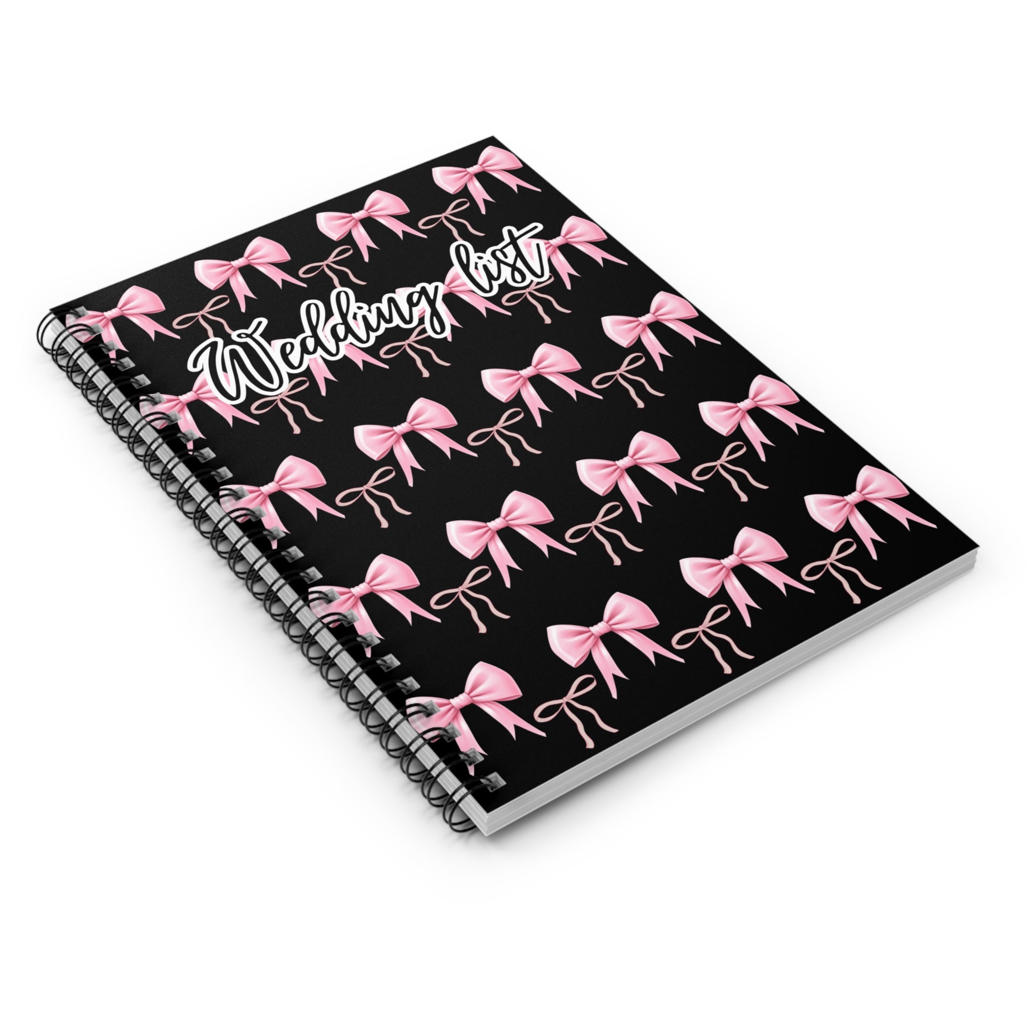Wedding List Spiral Notebook | Ruled Notebook, Pink Bows Pattern – Black