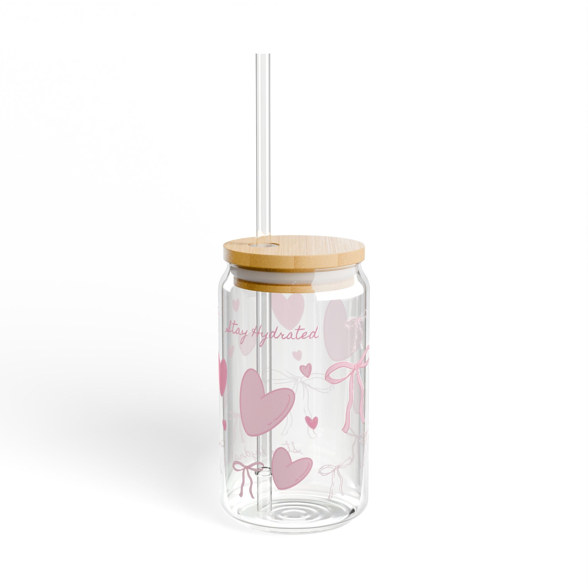Sipper Glass 16oz - 'Stay Hydrated' text with pink bow and heart design