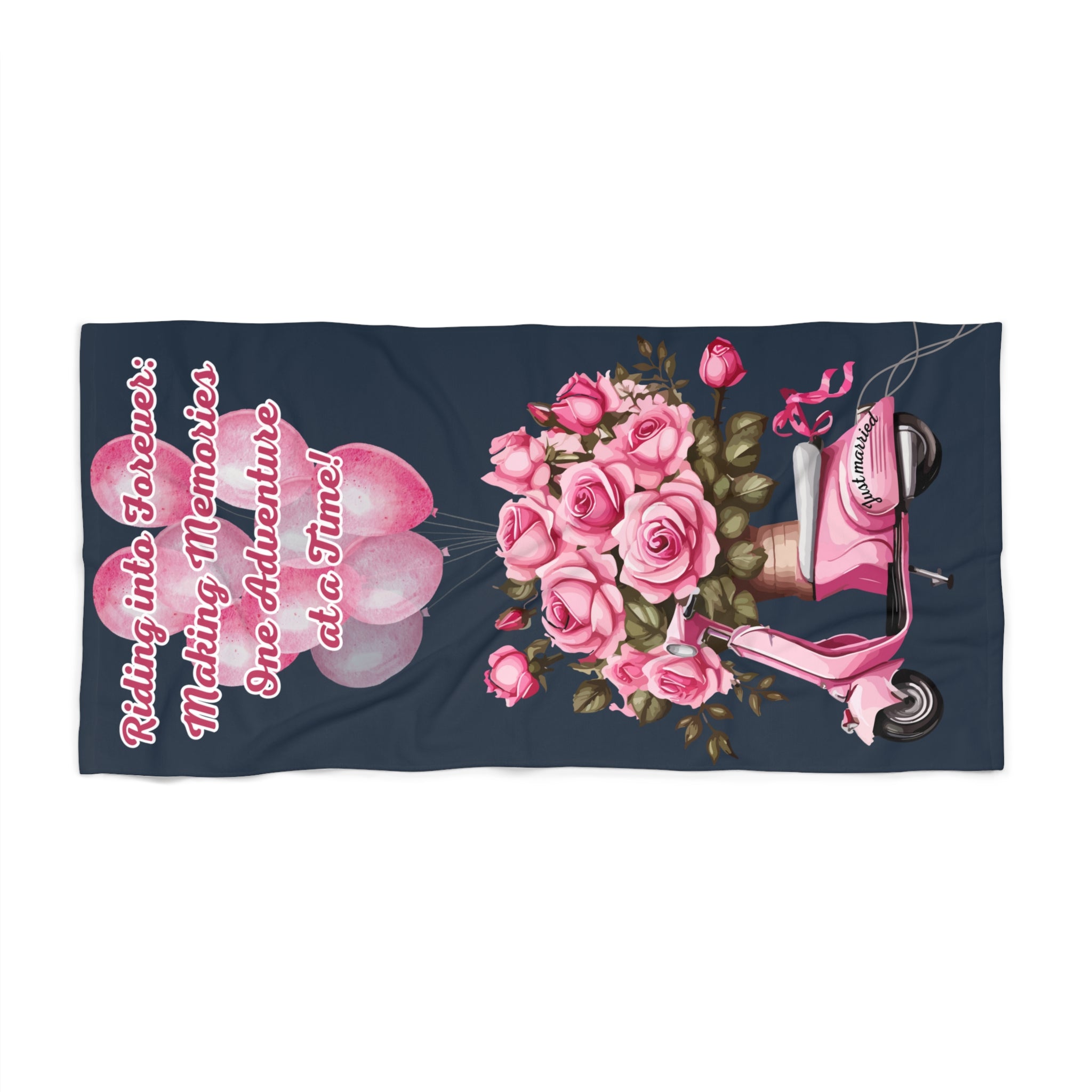 Beach Towel | Just married - 'Riding into forever: Making memories one adventure at a time' - Blue (Vertical)