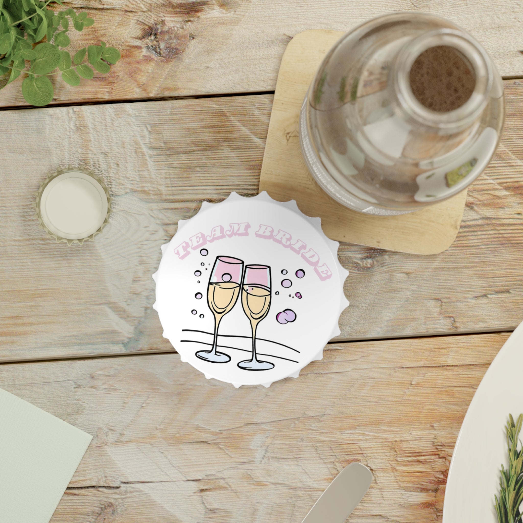 Team Bride Magnetic Bottle Opener | Clinking Champagne Glasses - Pink