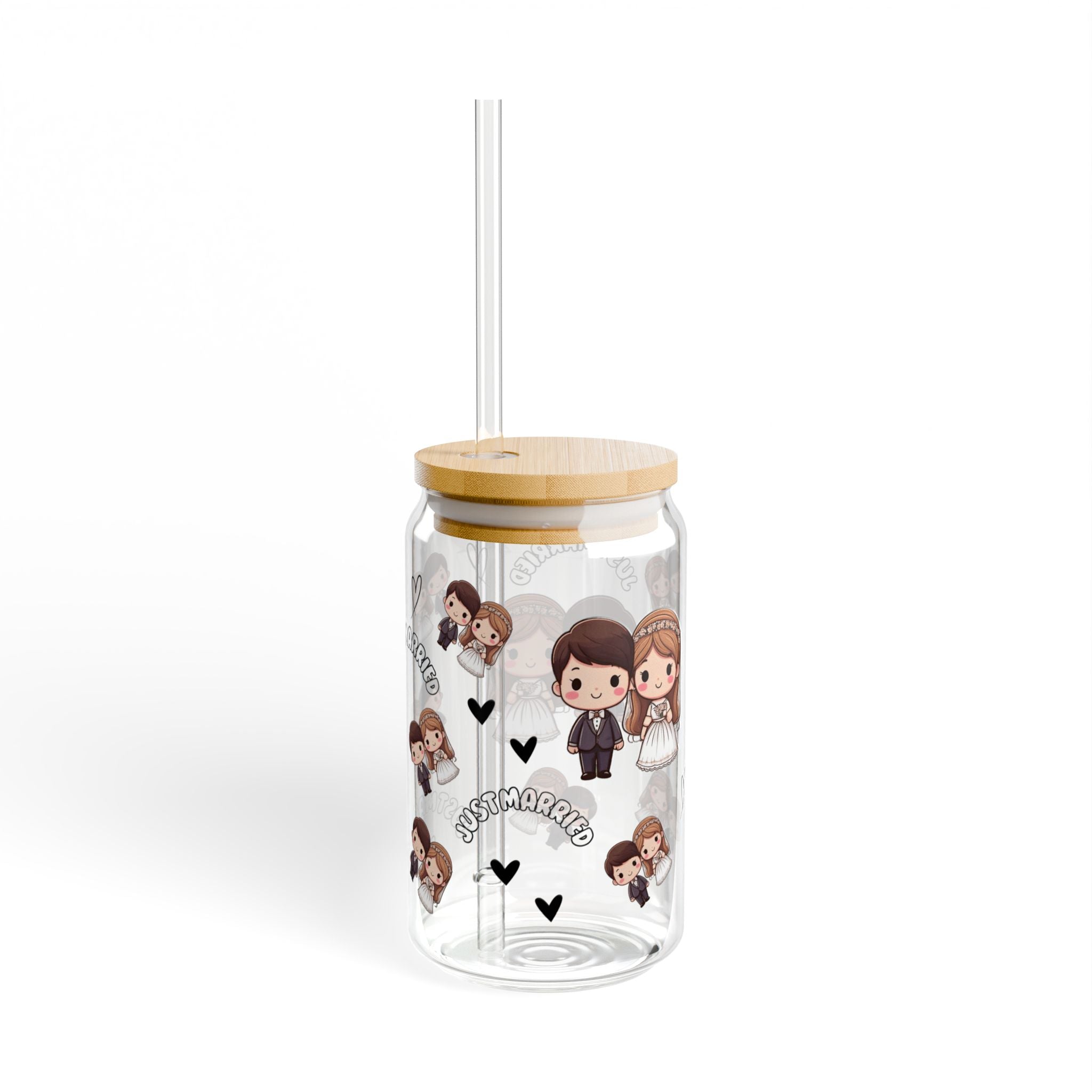 Sipper Glass 16oz - 'Just married' text with a bride and groom print