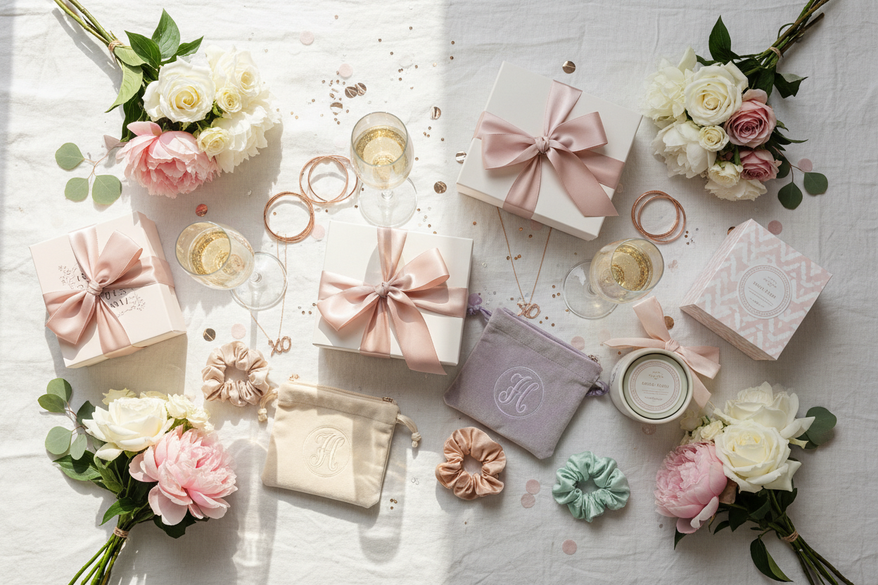 Favours and gifts for a bridal party. Use soft tones but keep it fun