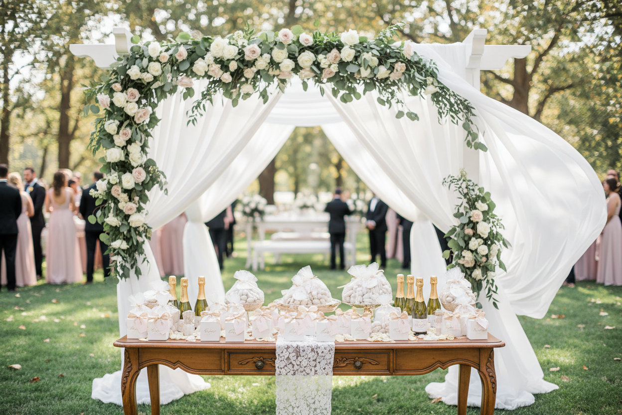 Wedding theme canopy with party favors